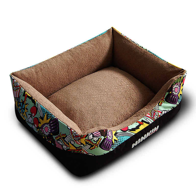 Dark brown plush pet bed with colorful patterned sides and soft cushioned interior