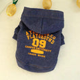 Load image into Gallery viewer, Dark blue denim dog hoodie with orange text and attached hood
