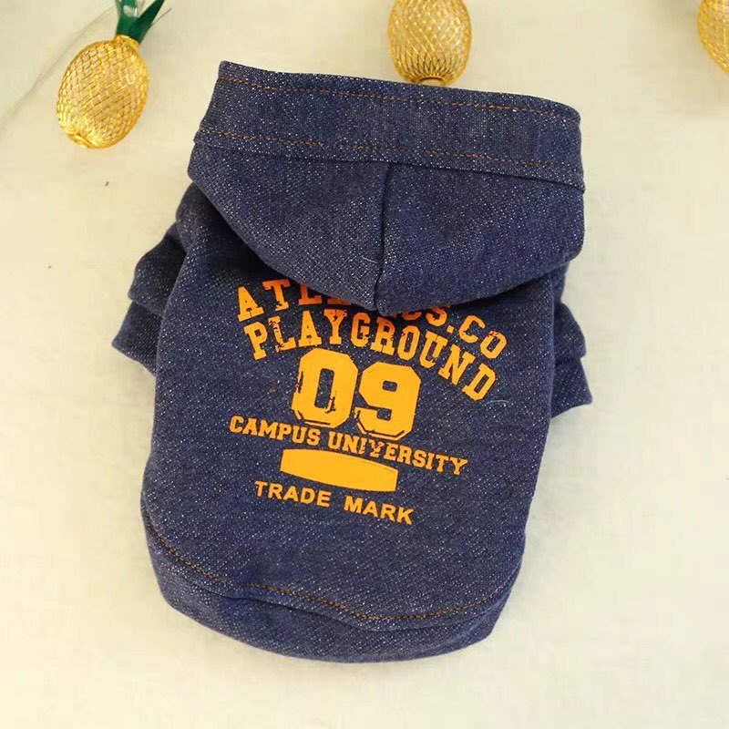 Denim dog hoodie displayed flat with visible orange campus university print