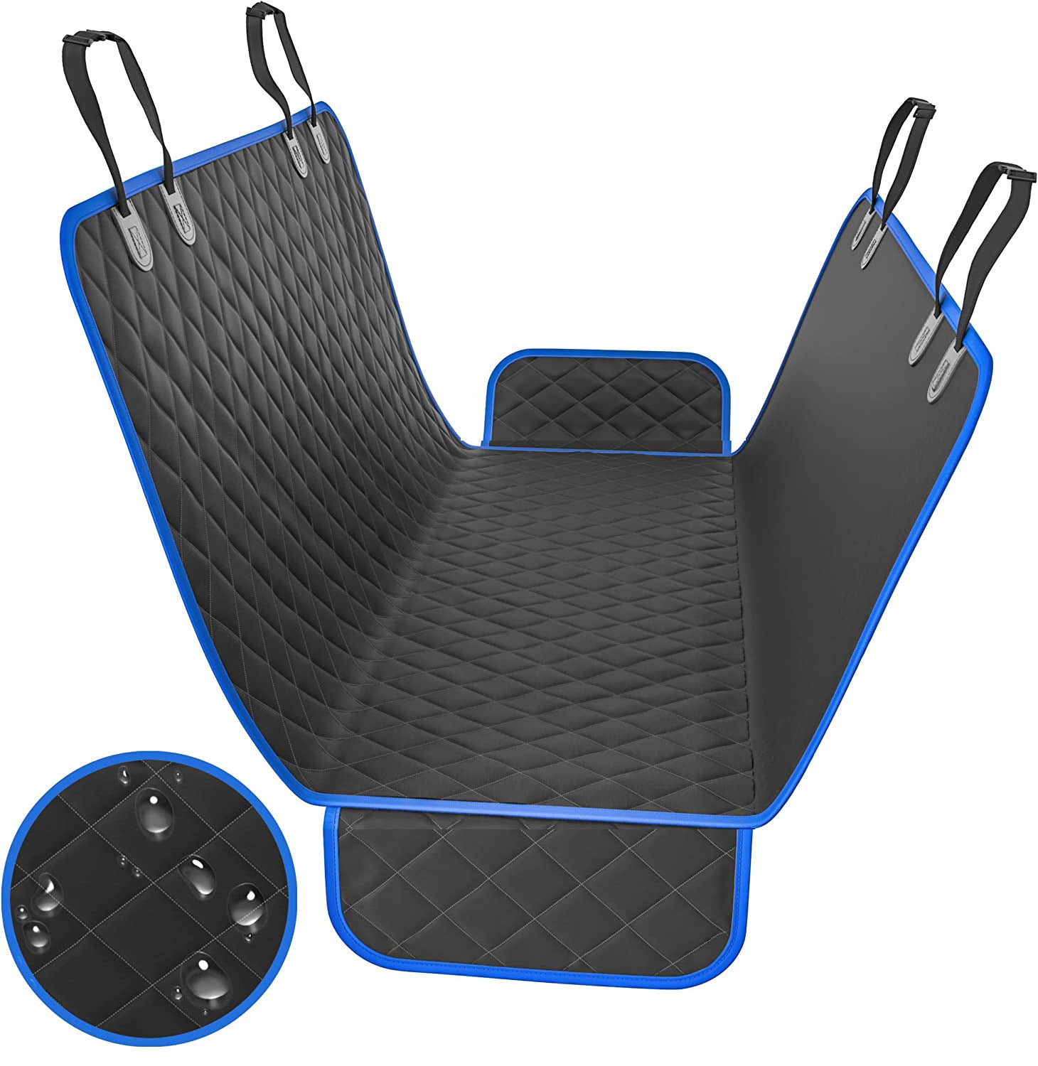 Blue framed waterproof dog car seat cover hammock hung with straps, shown flat with water droplets inset