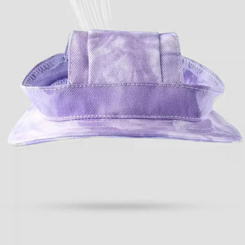 Side view of purple breathable pet bucket hat with wide brim