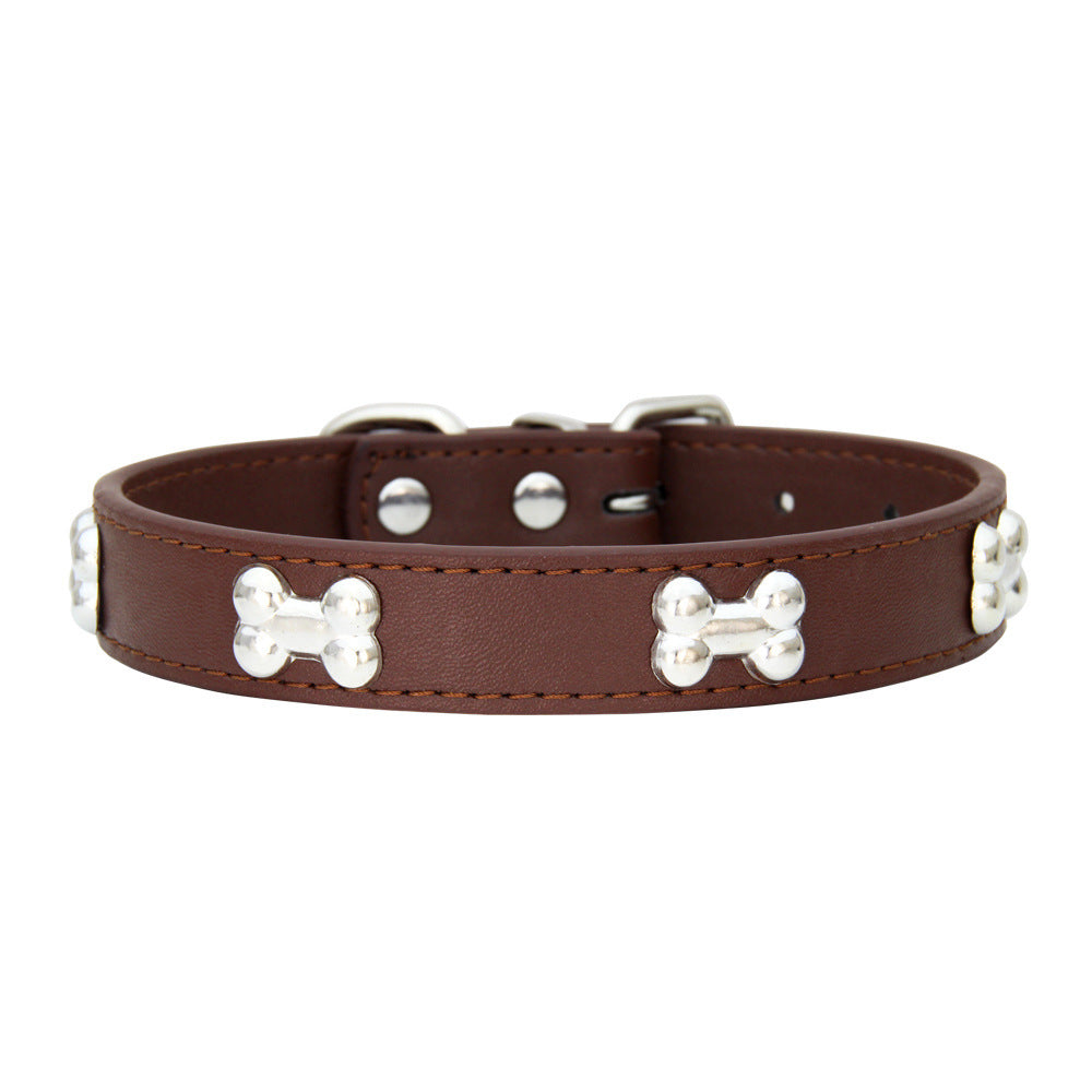 Brown PU leather dog collar with silver bone stud detailing