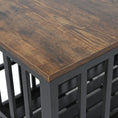 Cargar la imagen en la vista de la galería, Close-up of wood-finished top surface and black metal bars of dog crate
