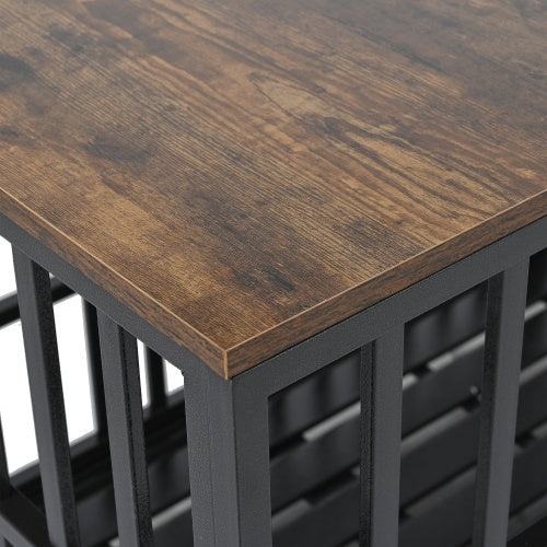 Close-up of wood-finished top surface and black metal bars of dog crate