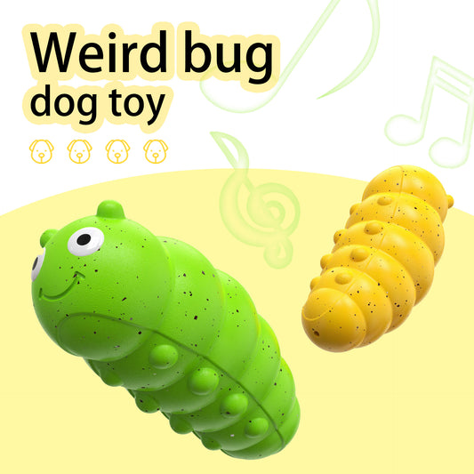 Two yellow and green bug-shaped dog toys floating with playful musical notes on colorful background  