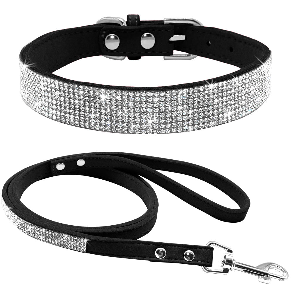Black crystal-embellished dog collar and matching leash set on white background