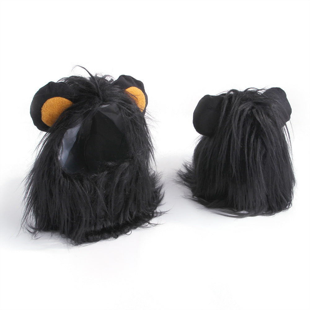 Two lion mane pet headgears side by side showing front and back views with fluffy fur and ear details