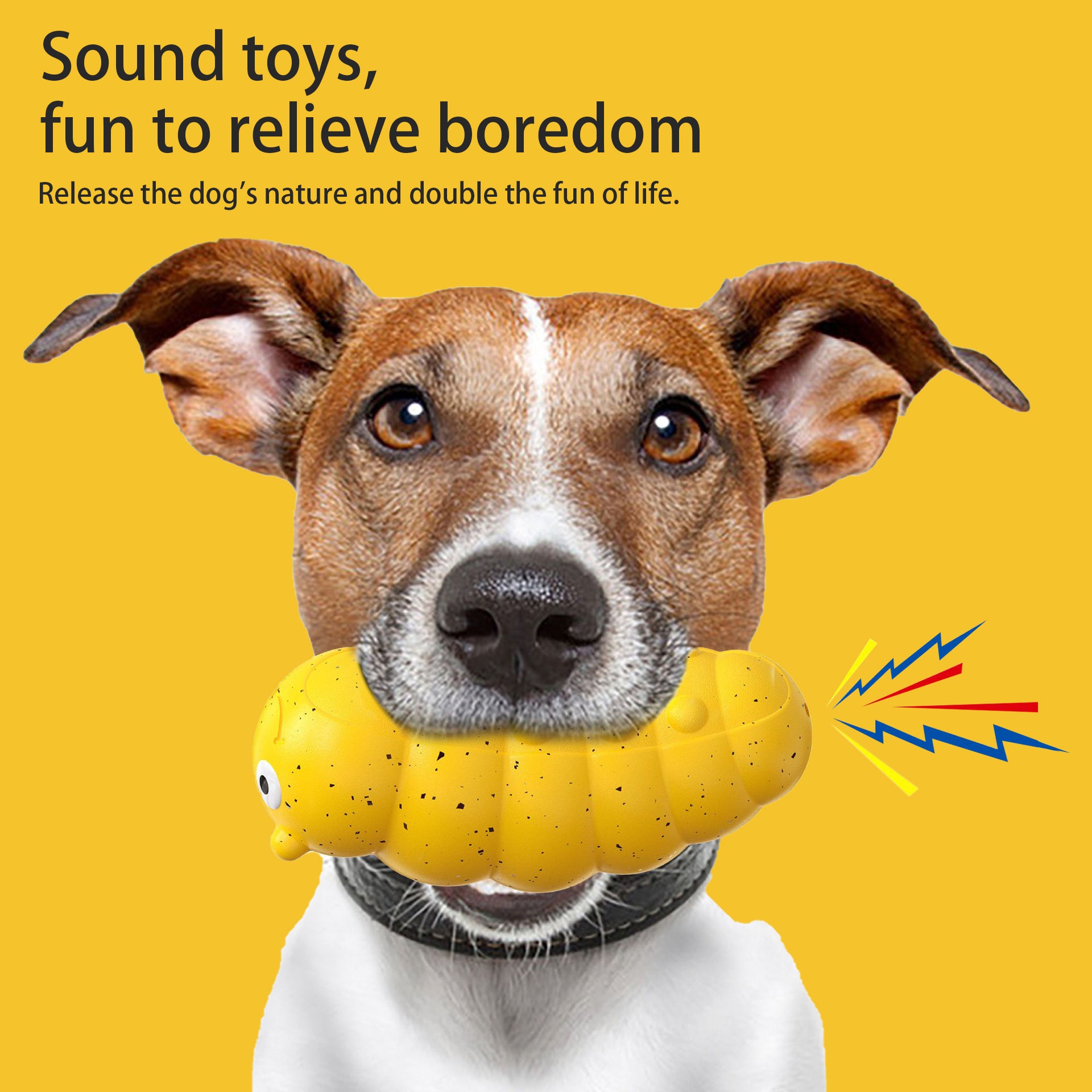 Golden retriever gently chewing on bright yellow bug-shaped dog toy against yellow backdrop  