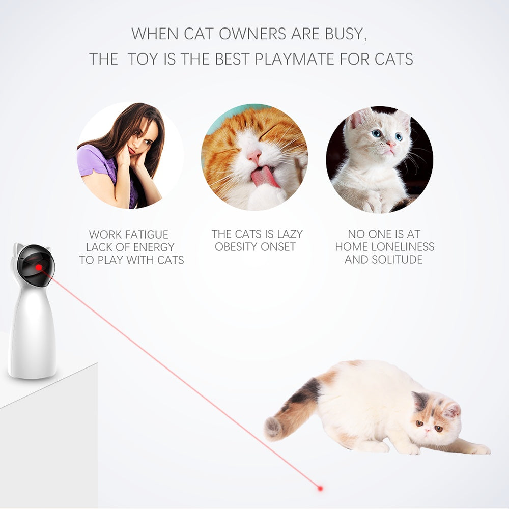 Illustration showing benefits of the cat laser toy for busy owners and cats experiencing fatigue, laziness, and loneliness