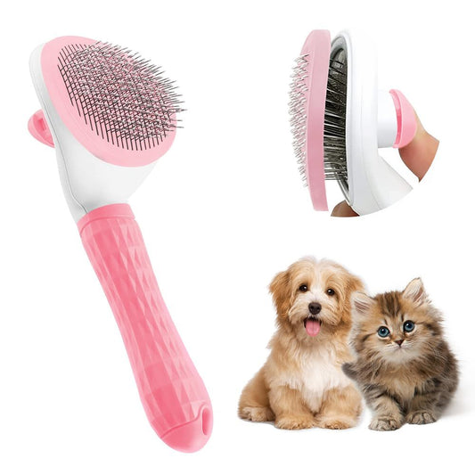 Pink pet grooming brush with textured grip and fine metal bristles