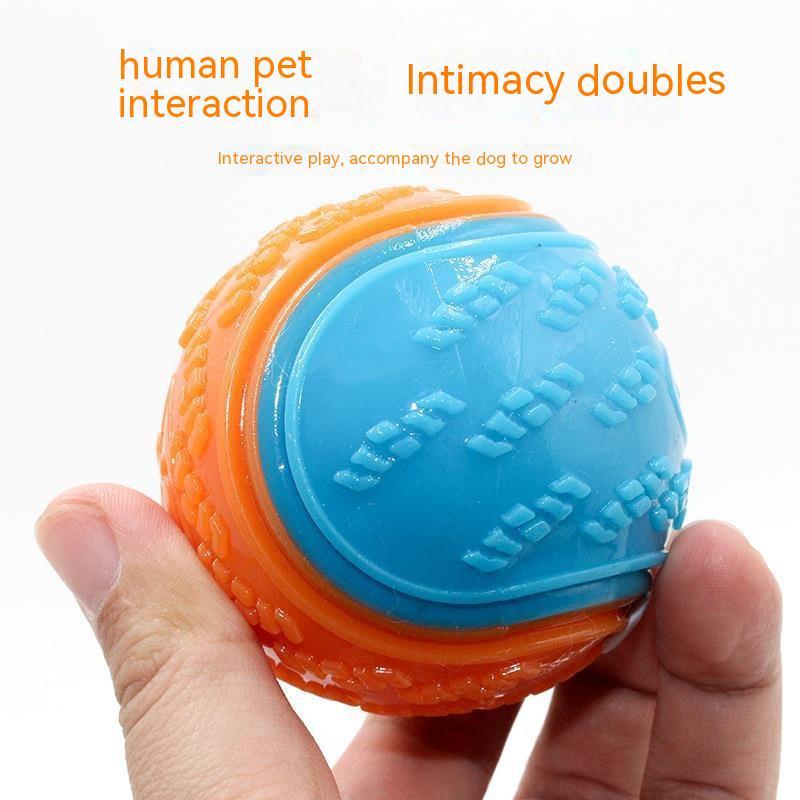 Hand holding a blue and orange dental care dog toy ball emphasizing interactive play and pet-human bond