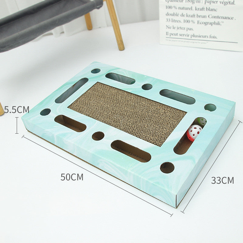 Rectangular cat scratcher with holes and a ball inside, shown with dimensions 50x33x5.5cm