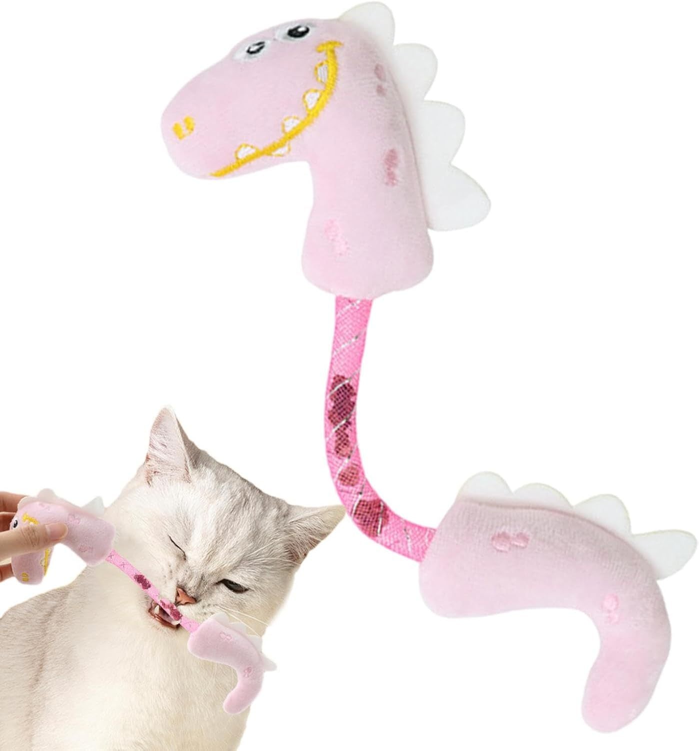 White cat chewing on a pink plush dinosaur-shaped cat toy with flexible body