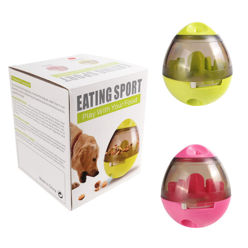 Two interactive pet food dispensers shown with packaging box labeled 'EATING SPORT Play With Your Food' with one lime green and one pink dispenser