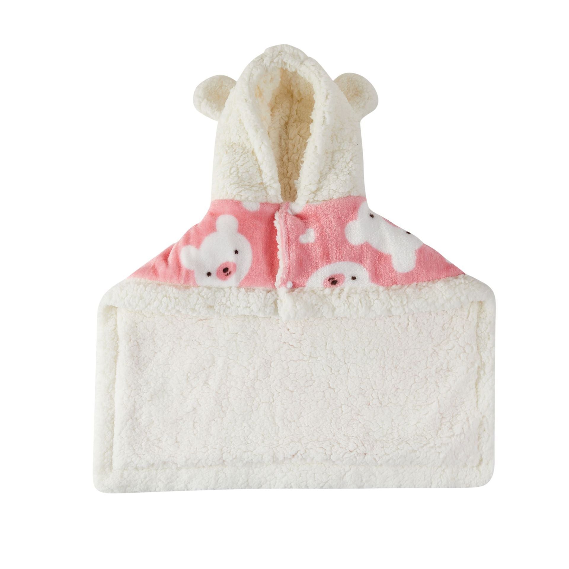 Pink flannel hooded pet shawl laid flat showing thick fleece lining and cute bear print