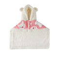 Load image into Gallery viewer, Pink flannel hooded pet shawl laid flat showing thick fleece lining and cute bear print
