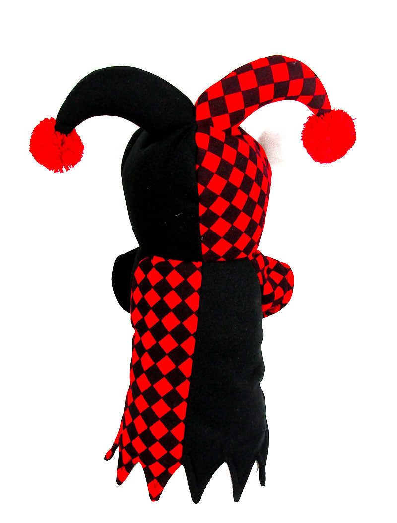 Another back angle of jester costume highlighting hood and hem details