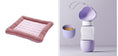 Load image into Gallery viewer, Pink cooling pet bed mat paired with a lavender pet feeder with heart-shaped lid handles and detachable bowl.
