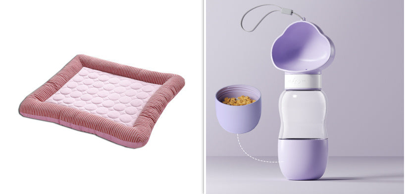 Pink cooling pet bed mat paired with a lavender pet feeder with heart-shaped lid handles and detachable bowl.