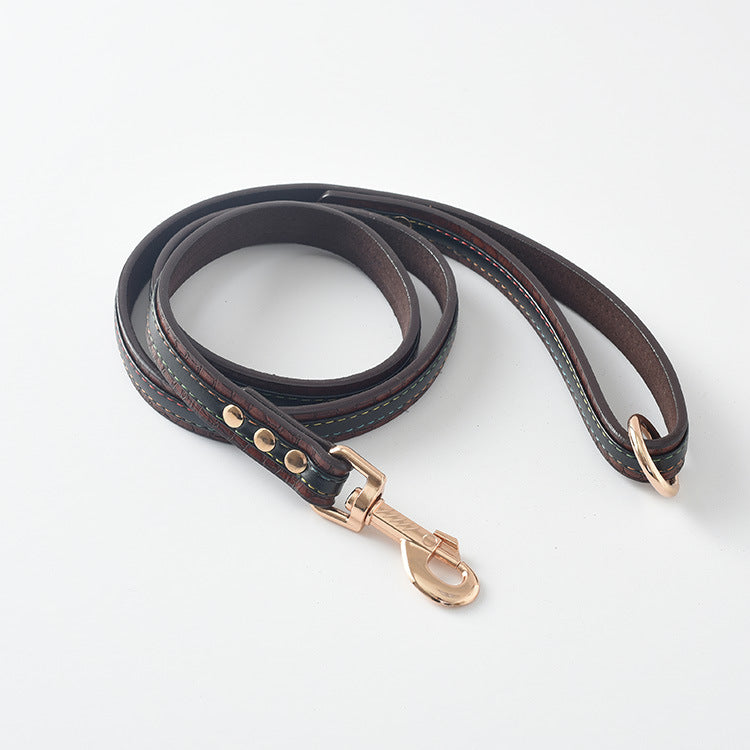 Black PU leather dog leash coiled on white background