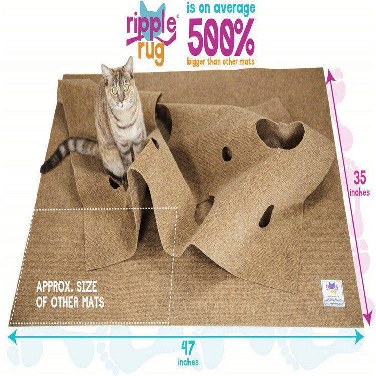 Cat relaxing on large brown ripple rug cat play mat measuring 47 by 35 inches, showing spacious design