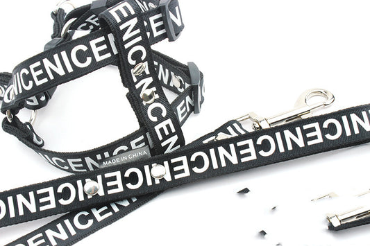 Black nylon dog harness and leash featuring NICENICENICE print and metal clasp