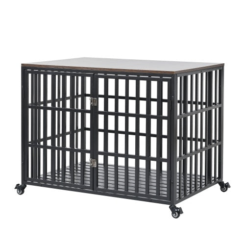 Empty black metal dog crate with wood top and four caster wheels