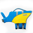 Load image into Gallery viewer, Blue and yellow dog life jacket shaped like a fish with handle and adjustable straps, brand name Hipipet visible
