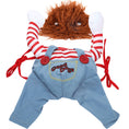 Charger l'image dans la visionneuse de la galerie, Laid flat Chucky-style dog costume with orange wig, red and white striped sleeves, blue pants with 'Good Dogs' patch, and fake arms holding a knife
