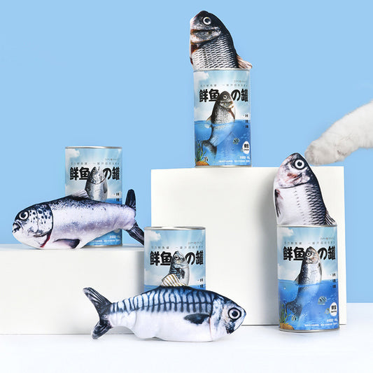 Fish cat toys displayed inside and beside decorative fish-can cans against blue background
