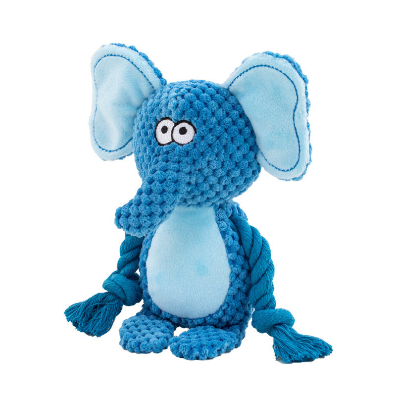Blue elephant plush rope dog toy with large ears and rope limbs