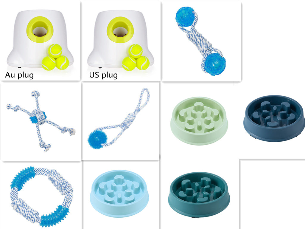 Collage of various dog toys including ball launcher with balls, blue textured rope toys, and plastic slow feeder bowls in blue and green