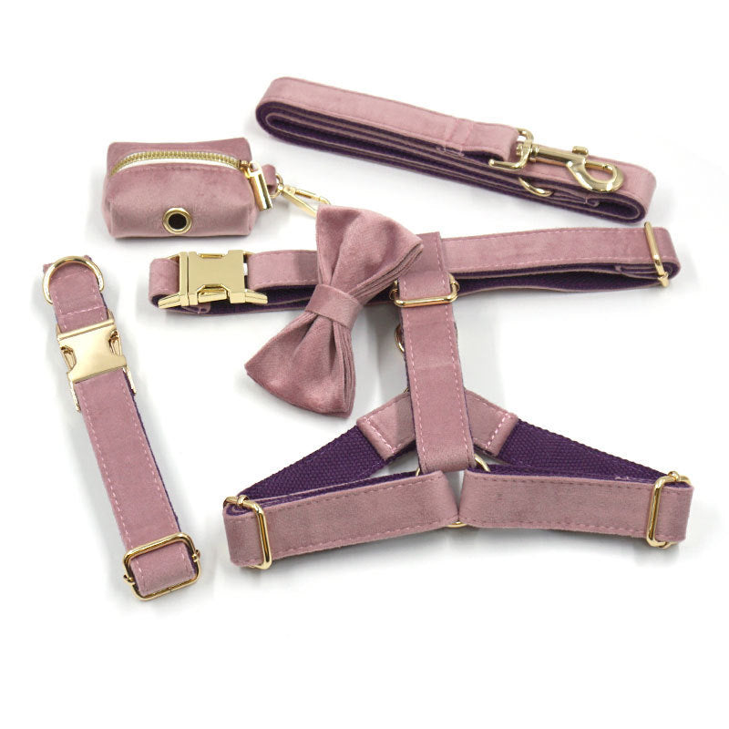 Pink velvet dog collar set with leash, bowtie, harness and waste bag holder