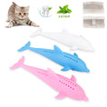 Load image into Gallery viewer, Three fish-shaped silicone cat molar sticks in blue, pink, and white laid out with catnip and a kitten nearby

