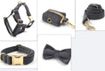 Cargar la imagen en la vista de la galería, Close-up views of dark gray velvet harness, pouch, leash, collar, and bow tie with gold metal buckles
