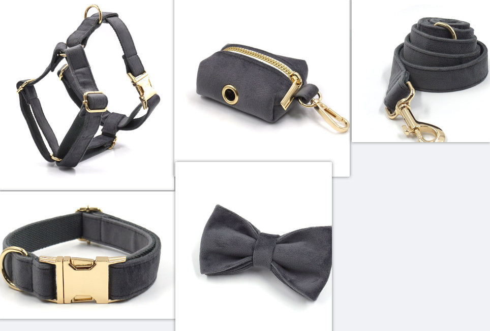Close-up views of dark gray velvet harness, pouch, leash, collar, and bow tie with gold metal buckles
