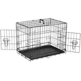 Cargar la imagen en la vista de la galería, Black folding wire dog crate with double doors open and plastic tray inside

