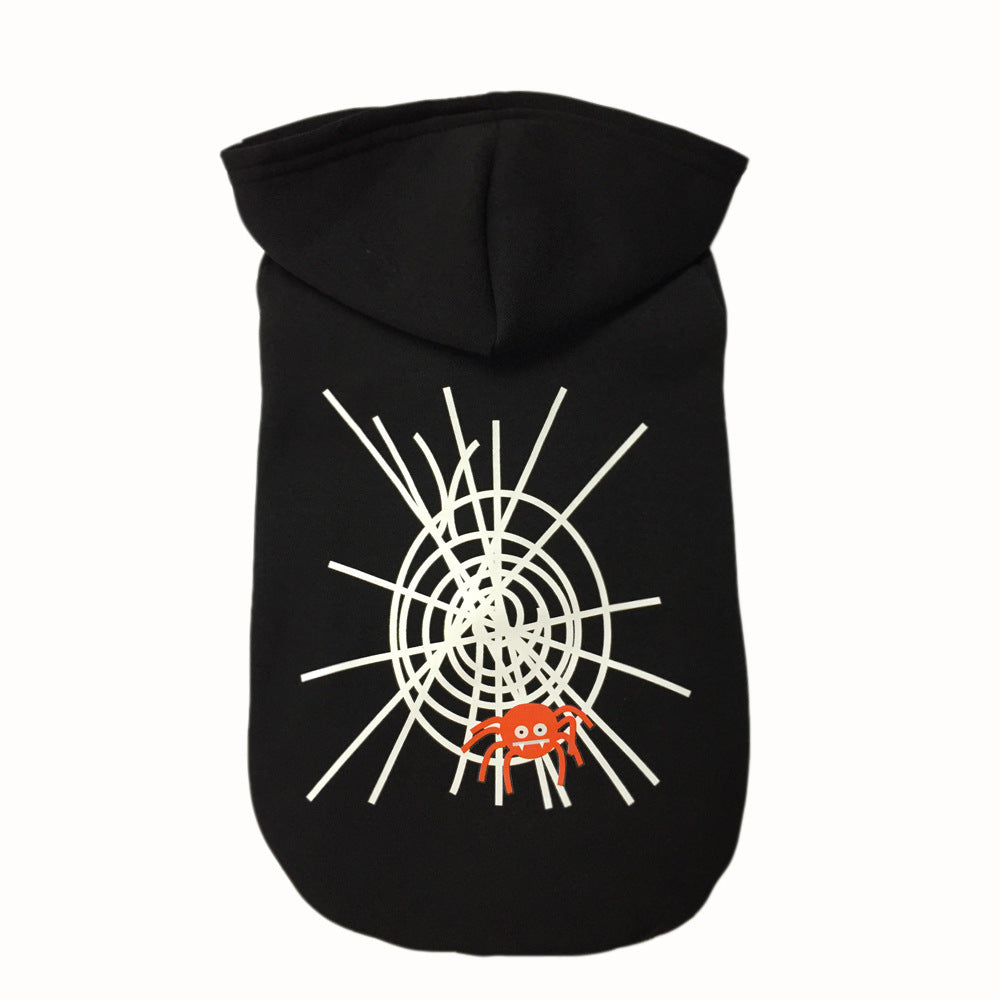 Black dog hoodie with white spider web and small orange spider graphic