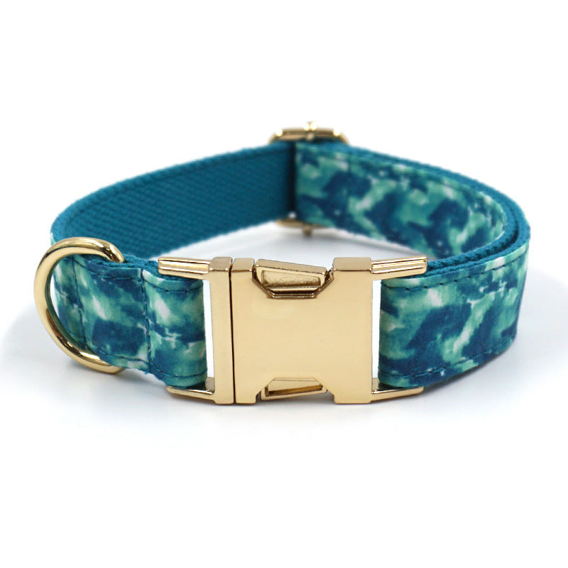 Blue tie-dye dog collar with gold metal buckle and D-ring