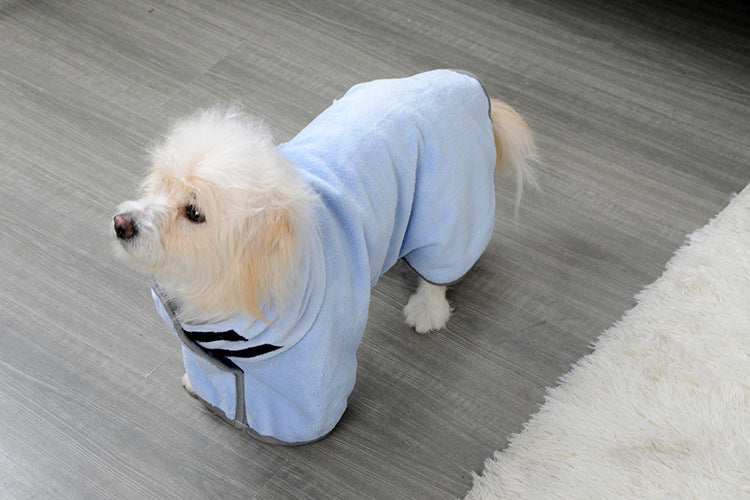 Small white dog standing on floor wearing light blue microfiber drying robe looking sideways