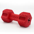 Charger l'image dans la visionneuse de la galerie, Red rubber dumbbell-shaped dog chew toy with detailed textured patterns for cleaning teeth

