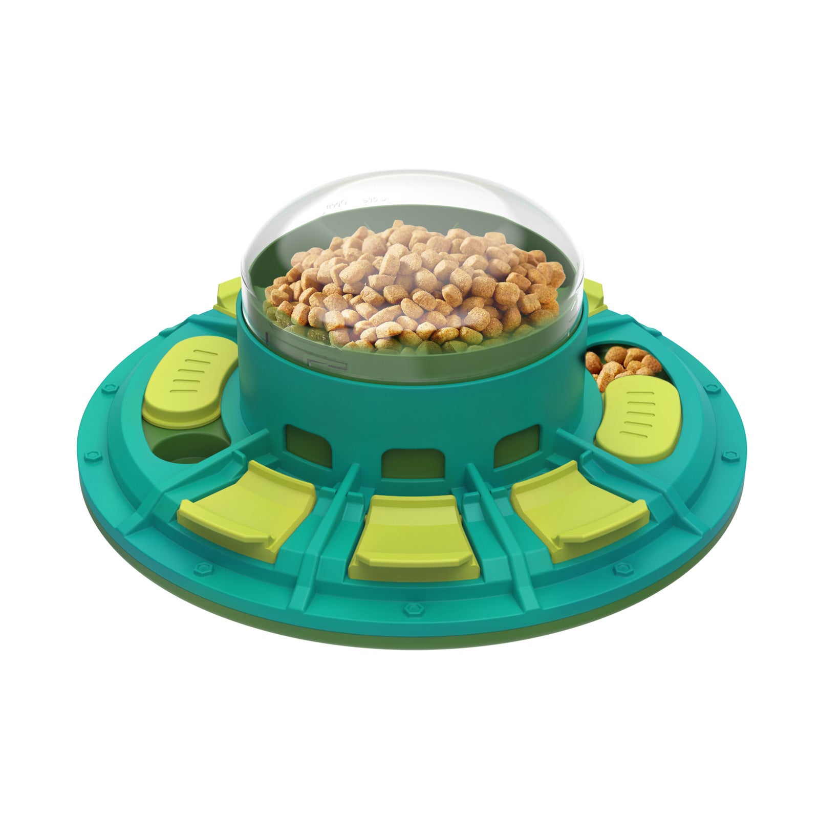 Isolated image of teal and lime green interactive dog puzzle feeder filled with kibble