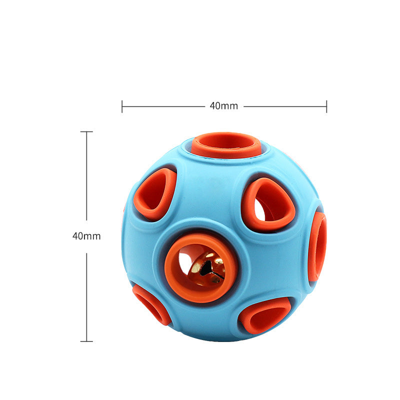 Close-up of a blue and orange dog toy ball measuring 40mm with hollow triangular openings and a visible bell inside.