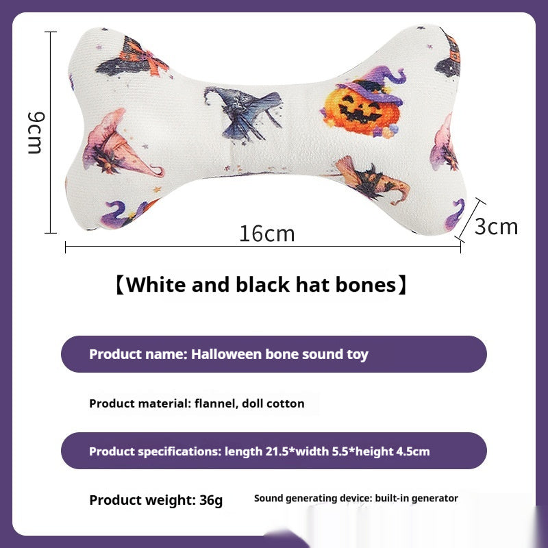 White Halloween bone toy featuring black witch hats and pumpkins, dimensions shown