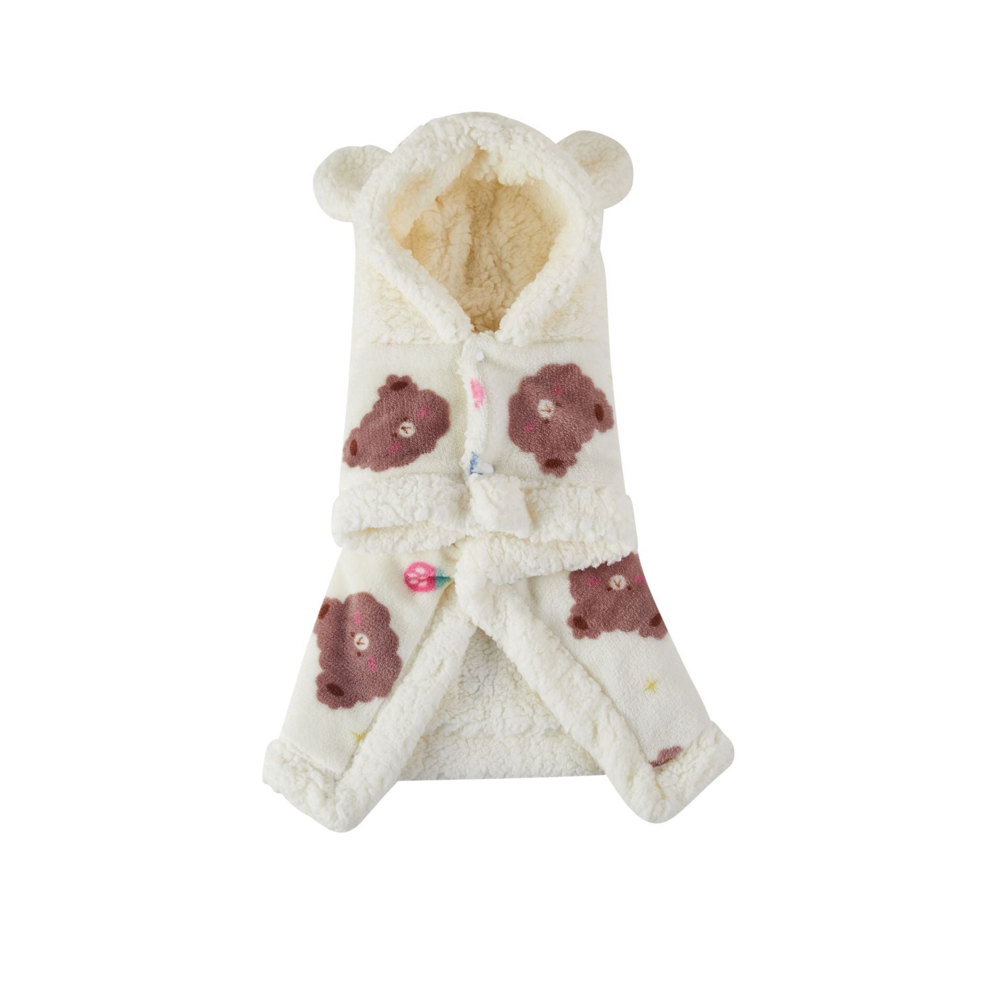 Pink flannel hooded pet shawl laid flat showing white bear faces and hearts with fleece lining