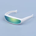 Load image into Gallery viewer, White-framed sunglasses with light green reflective lenses on blue background
