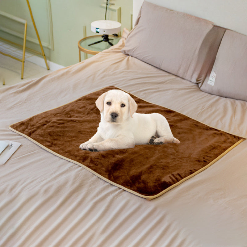 Small white puppy lying on a rich brown plush pet blanket on a beige bed
