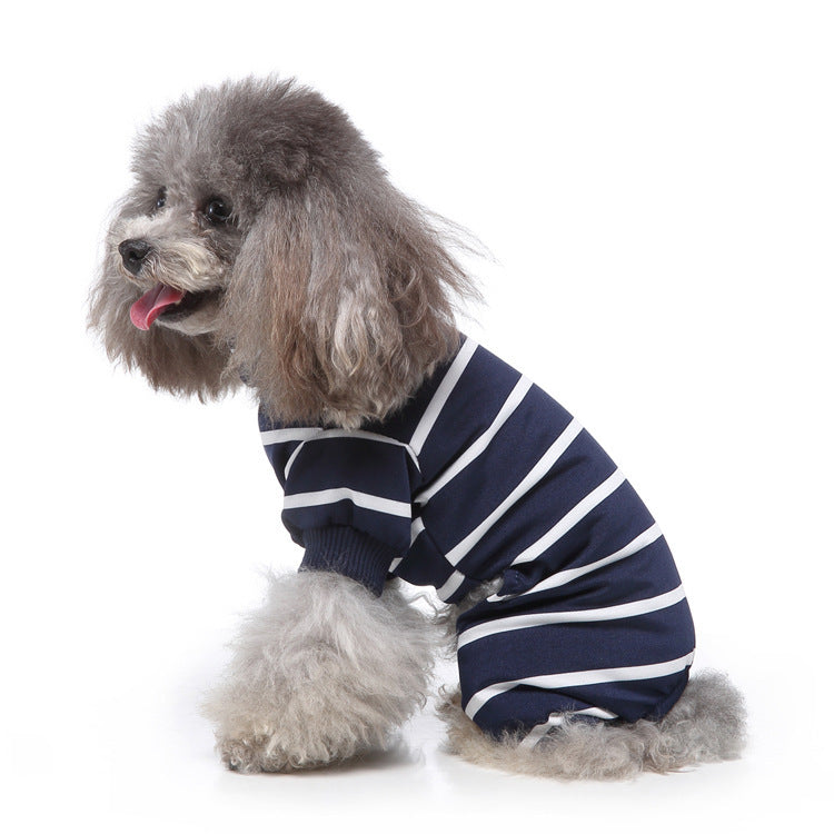 Navy blue and white striped dog pajamas laid flat showing front and back design