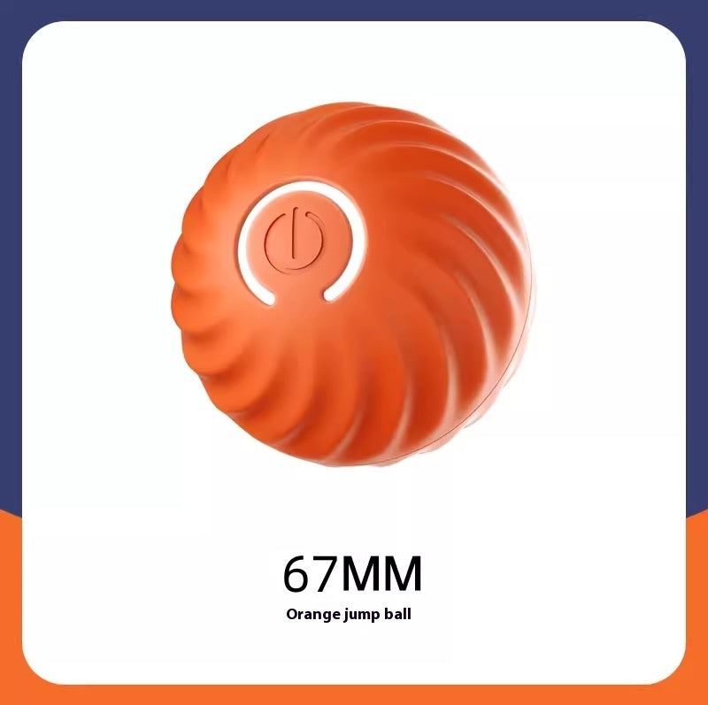 Close-up of orange LED interactive jumping ball with spiral textured surface and power button