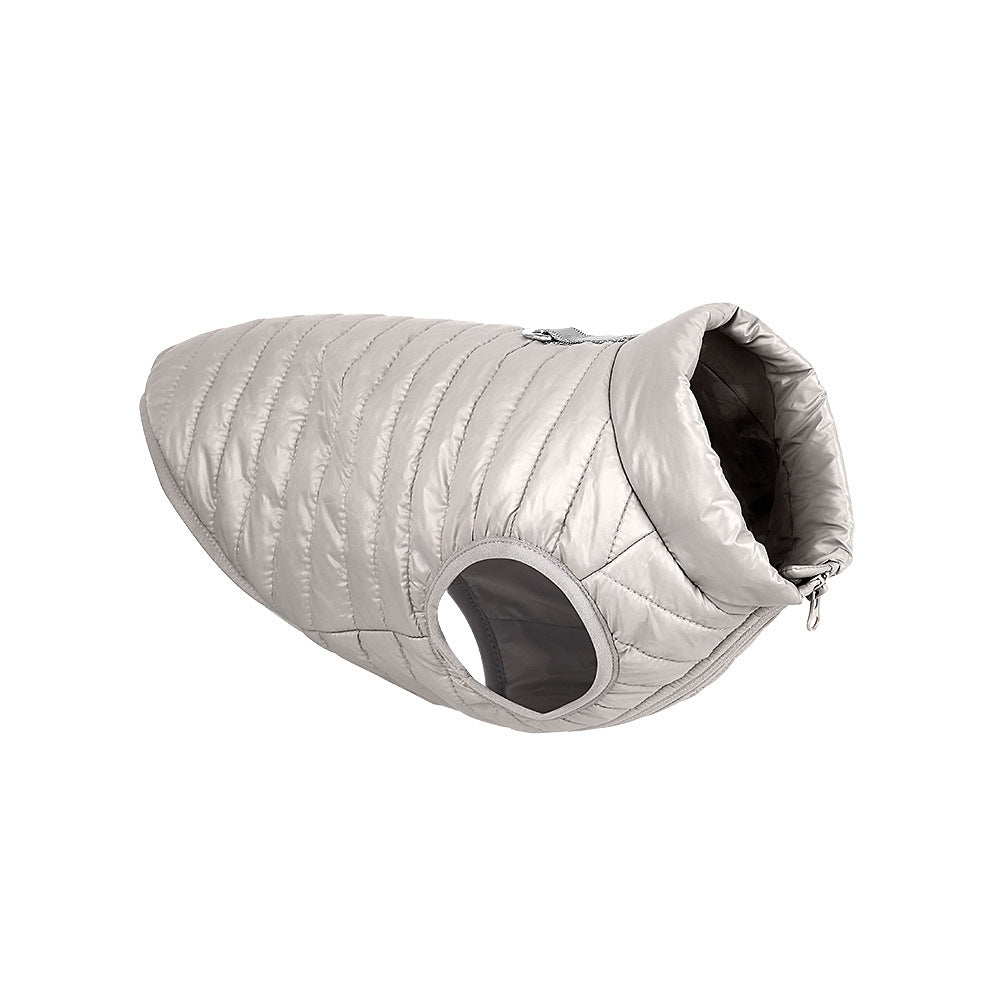 Gray padded nylon quilted dog jacket with sleeve openings and back zipper collar shown flat